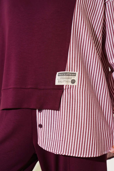 Armalı Çizgili Garnili İkili Takım Bordo - Resim 4