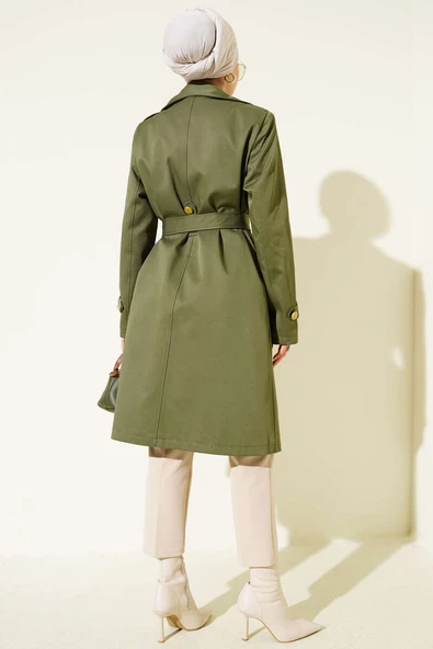 Tek Omuz Apoletli Kruvaze Trençkot Haki - Resim 3