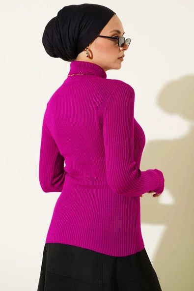 Balıkçı Yaka Parmak Geçirmeli Triko Kazak Mor - Resim 3