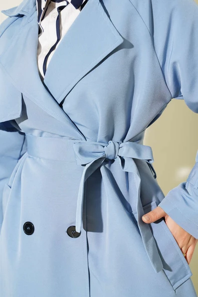 İçi Astarlı Kuşaklı Trençkot Mavi - Resim 4