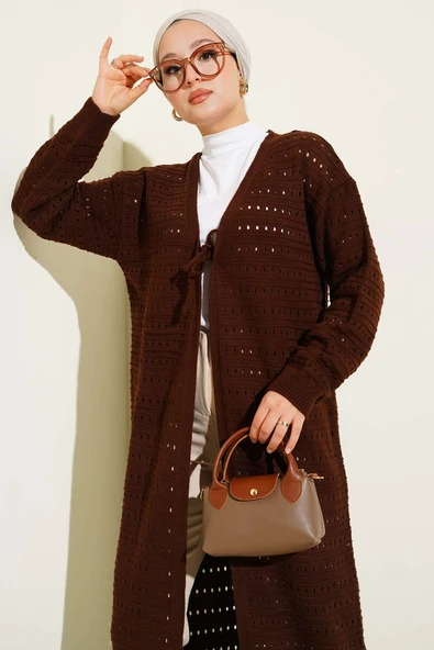 Bağcık Detaylı Uzun Triko Hırka Kahve - Resim 2