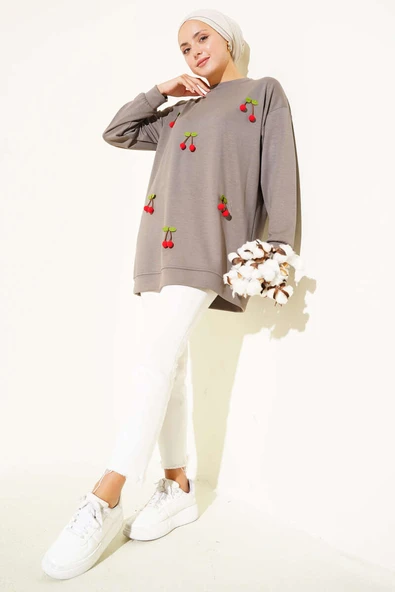 Kiraz Salkım Detaylı Tunik Vizon - Resim 2