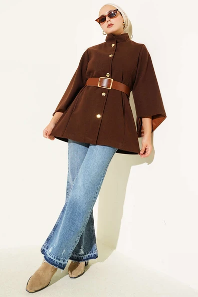 Gold Düğmeli Kaşe Panço Kahve - 2