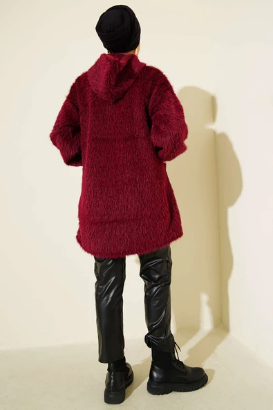 Kapüşonlu Fermuarlı Cepli Hırka Bordo - Resim 3