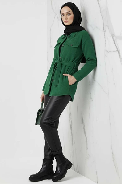 Kuşaklı Düğmeli Kaşe Ceket Zümrüt