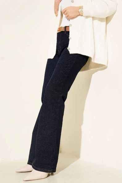 Kemerli İspanyol Paça Kot Pantolon Lacivert - Resim 2