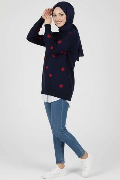 Fiyonk İşlemeli Triko Kazak Lacivert - Resim 2