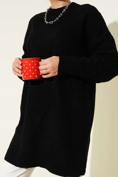 Çizgi Baklava Desen Triko Tunik Siyah - Resim 4