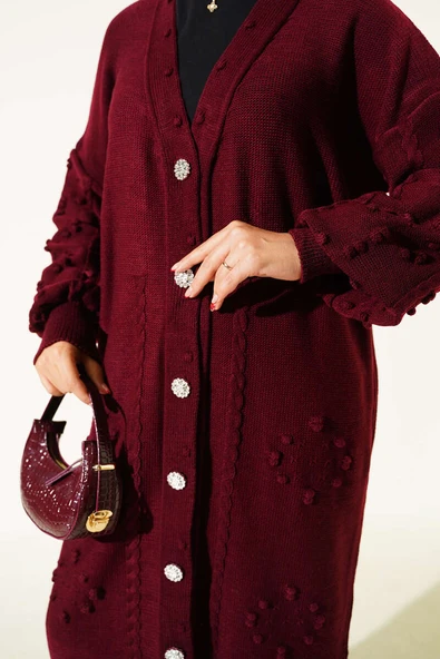 Taşlı Düğmeli Triko Hırka Bordo - Resim 4