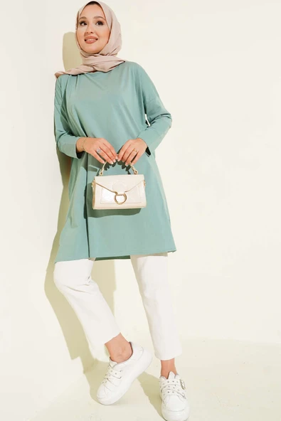 Yan Yırtmaçlı Basic Tunik Çağla Yeşili - Resim 2