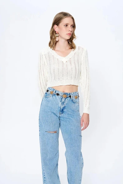 Quzu V Yaka Vatkalı Kadın Kazak - Resim 3