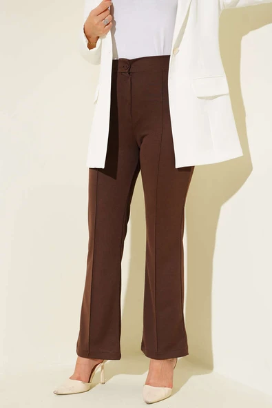 Çımalı Bel Düğmeli Pantolon Kahve - Resim 2