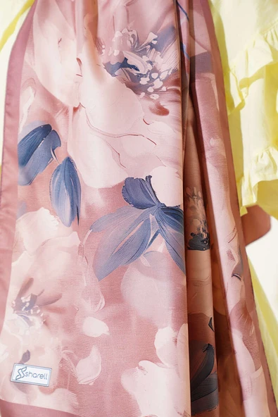 Çiçek Desen Twill Şal Soft Kahve - Resim 4