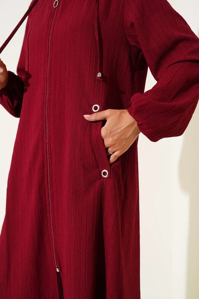 Kapüşonlu Cepli Ağaç Kabuğu Kap Bordo - Resim 4