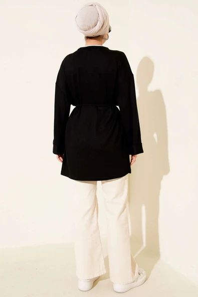 Loyşa Yan Yırtmaçlı Kuşaklı Tunik Siyah - Resim 3