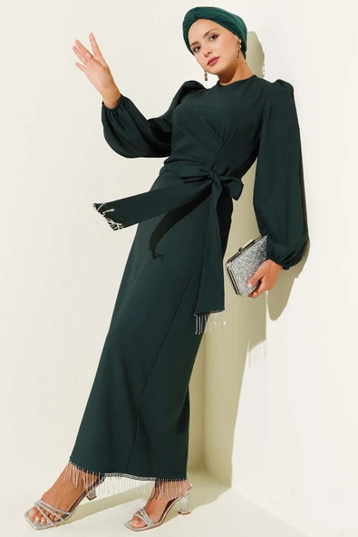 Püskül Taşlı Yan Bağlamalı Abiye Elbise Zümrüt ürün görseli 1