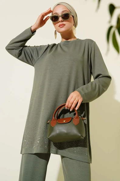 Loyşa Mini Taş Süslemeli İkili Takım Çağla Yeşili - Resim 2