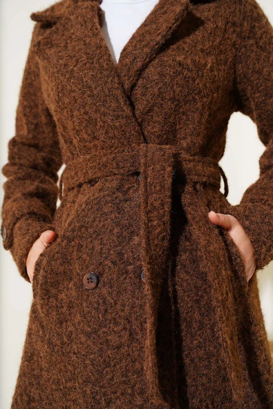 Kruvaze Yaka Kuşaklı Kaşe Kaban Taba - Resim 4