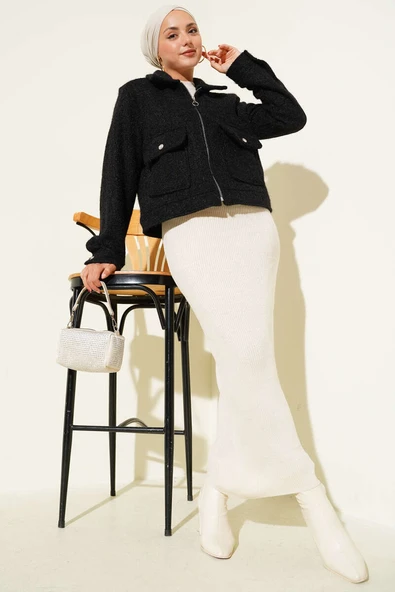 Çift Cepli Fermuarlı Kısa Ceket Siyah - Resim 2