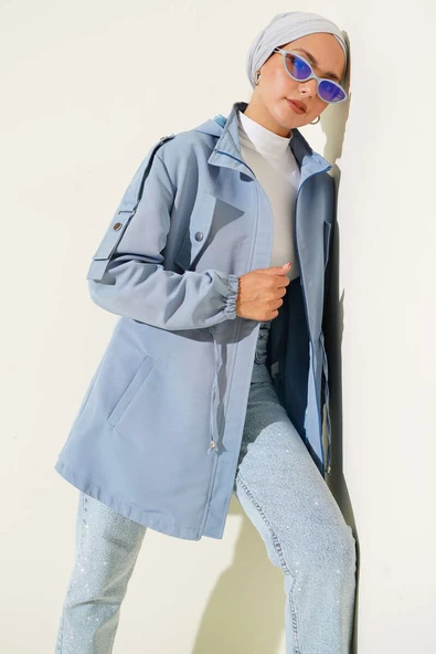 Bel Tünelli Kapüşonlu Trençkot Mavi ürün görseli 1