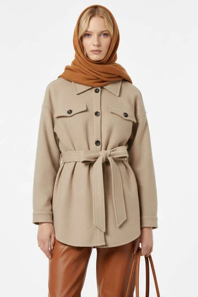 Kuşaklı Düğmeli Kaşe Ceket Bej - 2