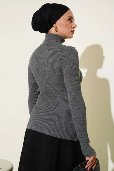 Balıkçı Yaka Parmak Geçirmeli Triko Kazak Füme - Resim 3