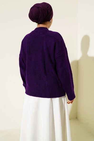 Kare Desenli Triko Kazak Mor - Resim 3