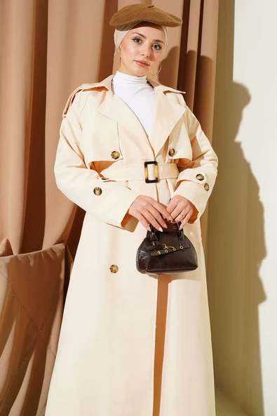 Kruvaze Pelerinli Kuşaklı Trençkot Bej - Resim 2