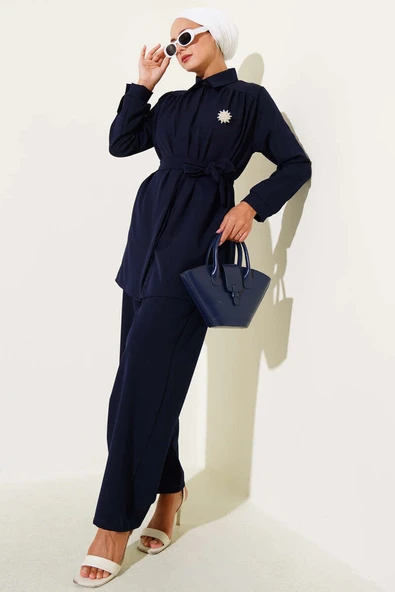 Gizli Düğmeli Kuşaklı Dabıl İkili Takım Lacivert ürün görseli 1