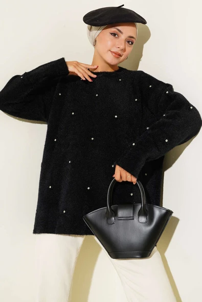 Taş Detaylı Sakallı Kazak Siyah