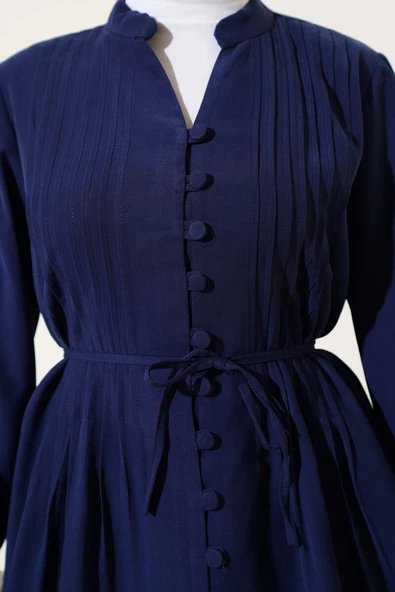 Brit Düğmeli Pileli Tensel Gömlek Lacivert - Resim 4