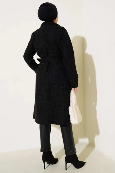 Kruvaze Yaka Kuşaklı Kaşe Kaban Siyah - Resim 3