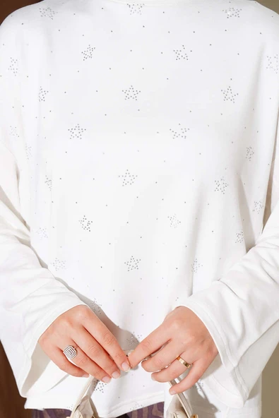 Loyşa Mini Yıldız Taşlı Bluz Ekru - Resim 4
