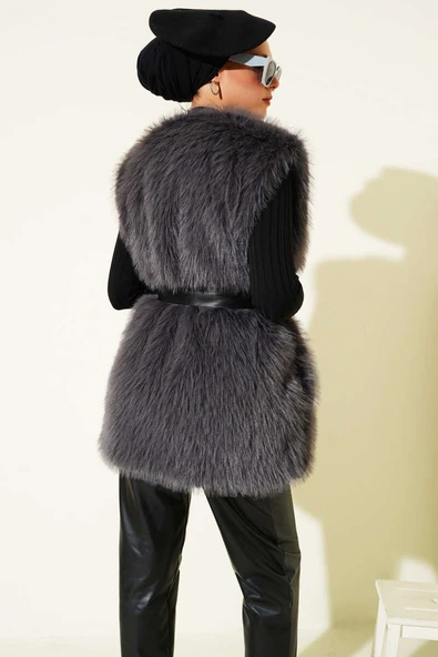 Lolita Peluş Kuşaklı Yelek Füme - Resim 3