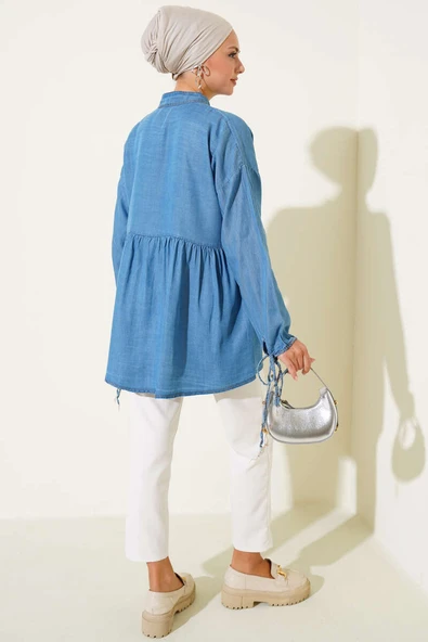 Mini Çiçekli Göğüs Cepli Kot Gömlek Açık Mavi - Resim 3