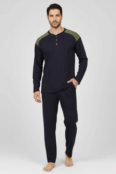 Yaka Düğmeli Büyük Beden İnterlok Erkek Pijama Takım Lacivert Haki ürün görseli 1