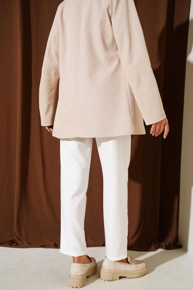 Dar Paça Bel Lastikli Çımalı Pantolon Ekru - Resim 3