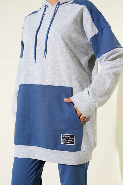 Armalı İki İpli Kapşonlu İkili Takım İndigo - Resim 4