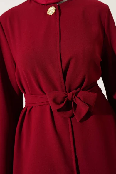 Tek Düğmeli Kuşaklı Dabıl İkili Takım Bordo - Resim 4