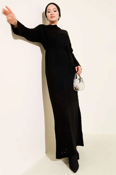 İp Kuşaklı Ajurlu Triko Elbise Siyah