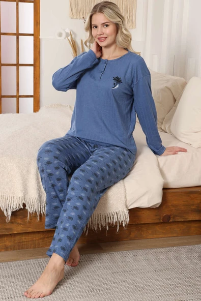 Desen Fitilli Pijama Takımı İndigo ürün görseli