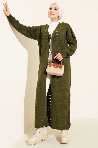 Bağcık Detaylı Uzun Triko Hırka Haki ürün görseli