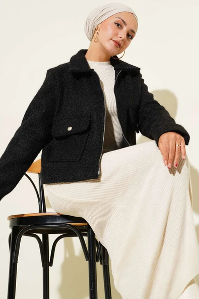 Çift Cepli Fermuarlı Kısa Ceket Siyah ürün görseli 1