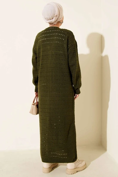 Bağcık Detaylı Uzun Triko Hırka Haki - Resim 3