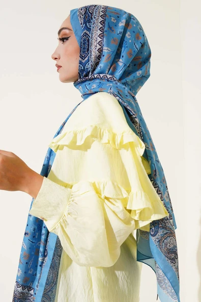 Mini Yaprak Desenli Şal Soft Mavi - Resim 3