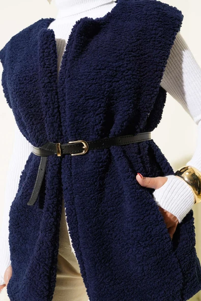 Kemerli Peluş Yelek Lacivert - Resim 4