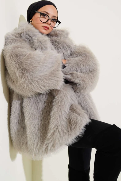 Düğmesiz Astarlı Kürk Gri - Resim 2