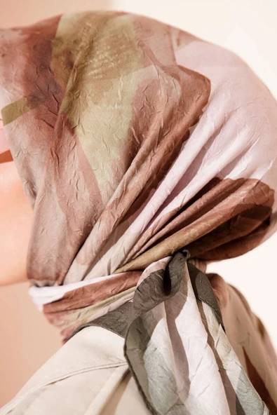 Çiçekli Şeritli Bambu Kraş Eşarp Haki - Resim 4