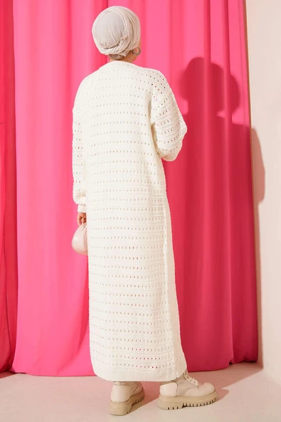 Bağcık Detaylı Uzun Triko Hırka Ekru - Resim 3