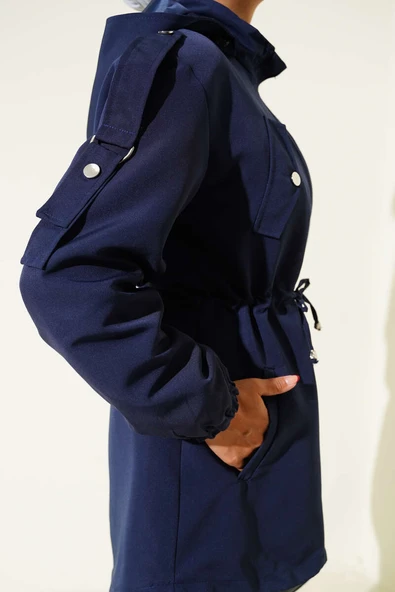 Bel Tünelli Kapüşonlu Trençkot Lacivert - Resim 4